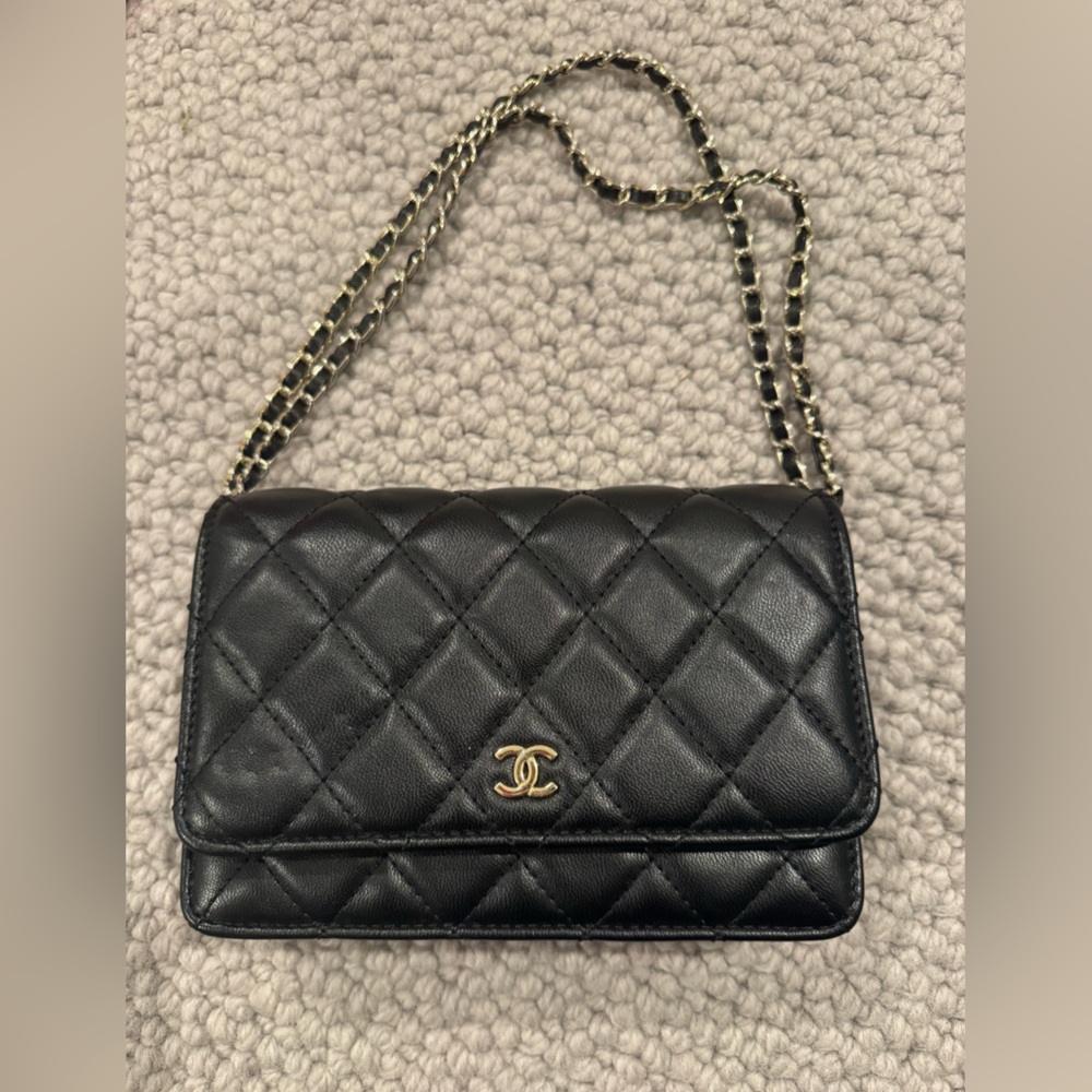 Black Quilted Crossbody Bag with Gold Accents